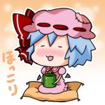  :3 bat_wings blue_hair blush bow chibi closed_eyes commentary detached_wings dress hat hat_bow mob_cap noai_nioshi patch pillow pink_dress puffy_short_sleeves puffy_sleeves red_bow remilia_scarlet short_hair short_sleeves sitting solo touhou translated wings 