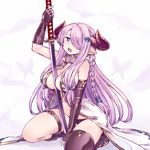  between_breasts black_gloves black_legwear blue_eyes blush boots braid breasts butterfly_hair_ornament chan_co cleavage demon_horns draph elbow_gloves fingerless_gloves gloves granblue_fantasy hair_ornament hair_over_one_eye holding holding_sword holding_weapon horns katana large_breasts lavender_hair long_hair mismatched_gloves narmaya_(granblue_fantasy) open_mouth pointy_ears sidelocks single_braid single_thighhigh solo squatting sword thigh_strap thighhighs very_long_hair weapon 