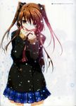  absurdres blush brown_eyes brown_hair coat hair_ribbon highres long_hair nakamura_takeshi non-web_source ogiso_setsuna ribbon scarf school_uniform smile snow solo white_album_2 winter winter_clothes winter_coat 