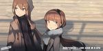  astg bad_id bad_pixiv_id bangs beanie blunt_bangs bow brown_eyes brown_hair circle_name coat expressionless hair_bow hairband hat long_hair looking_at_viewer looking_to_the_side multiple_girls original scarf shade smile upper_body wooden_floor 