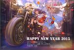  ascot bag bird blue_sky blur boots city cloud corset day floating_city green_eyes ground_vehicle happy happy_new_year highres horns kneehighs long_hair long_sleeves motion_blur motor_vehicle motorcycle multiple_girls multiple_riders new_year original petals purple_hair riding road sailor_collar sheep_girl sheep_horns signature skirt sky sleeveless smile sparkle striped striped_skirt thighs translation_request white_hair wind yamizaki_miko yellow_eyes 