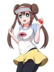  black_legwear blue_eyes brown_hair holding holding_poke_ball legwear_under_shorts long_hair mei_(pokemon) open_mouth pantyhose pantyhose_under_shorts poke_ball poke_ball_(generic) pokemon pokemon_(game) pokemon_bw2 shorts simple_background solo twintails white_background yukikan 