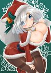  alternate_costume ankle_boots bell belt belt_boots between_breasts blue_eyes blush boots bow breasts bursting_breasts capelet cleavage eyes_visible_through_hair fur-trimmed_boots fur_boots fur_collar fur_trim green_background green_bow hair_ornament hair_over_one_eye hairclip hamakaze_(kantai_collection) hat hat_bow highres kantai_collection large_breasts long_sleeves looking_at_viewer meme_attire open-chest_sweater pantyhose red_footwear santa_boots santa_costume santa_hat silver_hair simple_background sin_(kami148) smile solo striped sweater thigh_gap thighband_pantyhose vertical_stripes 