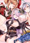  3girls :d :p ao_(time-leap) areola_slip areolae black_gloves black_panties blonde_hair blue_eyes blush boots braid breasts brown_eyes clarisse_(granblue_fantasy) cleavage crop_top draph finger_to_mouth fingerless_gloves girl_sandwich gloves granblue_fantasy green_eyes hair_over_one_eye horns large_breasts lavender_hair long_hair looking_at_viewer midriff multiple_girls narmaya_(granblue_fantasy) navel no_pants one_eye_closed open_mouth outstretched_arm outstretched_hand panties pointy_ears ponytail sandwiched santa_costume silva_(granblue_fantasy) silver_hair skirt smile tongue tongue_out underwear very_long_hair yellow_eyes 