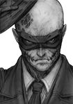  bald commentary_request domino_mask formal greyscale hat imizu_(nitro_unknown) male_focus mask metal_gear_(series) metal_gear_solid_v monochrome skull_face solo suit 
