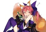  alcohol animal_ears bare_shoulders blush bottle bow breasts brown_eyes drunk fate/extra fate_(series) fox_ears fox_tail hair_bow highres kange medium_breasts pink_hair purple_legwear short_hair simple_background smile solo tail tamamo_(fate)_(all) tamamo_no_mae_(fate) thighhighs white_background 