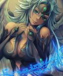  angel angel_wings aqua_eyes aqua_hair bad_id bad_pixiv_id bare_shoulders breast_squeeze breasts center_opening circlet cleavage dark_angel_metatron_(p&amp;d) detached_sleeves eyelashes feathered_wings flipped_hair hair_between_eyes hands_on_own_chest head_tilt highres large_breasts lips long_hair puzzle_&amp;_dragons runes sho_(shoichi-kokubun) sleeves_past_wrists solo upper_body wavy_hair wings 