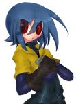  blue_hair blush commentary_request covered_navel eyes_visible_through_hair flat_chest gloves hair_over_one_eye inaho_kanfarigu kyuusui_gakari looking_at_viewer open_mouth original red_eyes short_hair single_glove solo 
