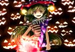  akaiha_(akaihasugk) american_flag_dress american_flag_legwear blonde_hair clownpiece fairy_wings hand_on_hip hat jack-o'-lantern jester_cap long_hair neck_ruff open_mouth pantyhose red_eyes smile solo star striped torch touhou very_long_hair wings 