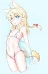  248_(nyonpa) absurdres ahoge animal_ears arms_behind_back ball beachball bikini blonde_hair blue_eyes braid colorized dog_ears extra_ears flat_chest groin highres long_hair micro_bikini navel open_mouth original pointy_ears ponytail simple_background solo swimsuit tail uno_(mon_chat_noir) 