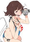  akiyama_yukari american_flag_bikini ass bad_id bad_pixiv_id bikini breasts brown_eyes brown_hair butt_crack camcorder chair cleavage flag_print girls_und_panzer highres large_breasts matsuba_(idiotlantern) short_hair sitting solo sweat swimsuit v 