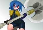  axe bike_shorts blue_hair covered_navel eyes_visible_through_hair flat_chest gloves hair_over_one_eye inaho_kanfarigu kyuusui_gakari looking_at_viewer open_mouth original red_eyes short_hair single_glove solo weapon 