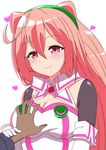  blush breast_grab breasts cleavage gloves grabbing groping guided_breast_grab hacka_doll hacka_doll_2 highres kuroame_(kurinohana) large_breasts long_hair looking_at_viewer out_of_frame pink_eyes pink_hair smile solo_focus 