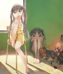  absurdres bangs bare_legs barefoot book bottle broken brown_hair camisole cleaver closed_eyes crossed_arms damaged envelope expressionless feet_on_chair hair_ornament head_tilt highres indoors knee_up legs_together light_bulb long_hair long_legs looking_at_viewer miniskirt monogatari_(series) multiple_girls oikura_sodachi owarimonogatari sad school_uniform scrunchie shadow short_sleeves shorts shrimp_cc sitting skirt skull spaghetti_strap stool strap_slip stuffed_animal stuffed_toy stuffing sunlight teddy_bear toenail_polish toilet_paper trash twintails vase very_long_hair window yellow_eyes yellow_shorts 