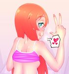  breasts camisole freckles ghettoyouth green_eyes heart implied_sex long_hair looking_at_viewer looking_back minami_hana_(ghettoyouth) orange_hair original shirt_lift sideboob solo tongue tongue_out v 