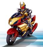 armor commentary_request dias-tajima ground_vehicle highres horns kamen_rider kamen_rider_agito kamen_rider_agito_(series) male_focus motor_vehicle motorcycle shoulder_pads simple_background sitting solo 