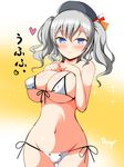  artist_name ass_visible_through_thighs bikini blue_eyes blush breast_suppress breasts covered_nipples deego_(omochi_bazooka) front-tie_bikini front-tie_top gradient gradient_background groin hat heart highres kantai_collection kashima_(kantai_collection) large_breasts long_hair looking_at_viewer multicolored multicolored_background navel side-tie_bikini silver_hair smile solo sparkle swimsuit twintails 