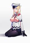  absurdres bad_id bad_pixiv_id between_breasts black_legwear blonde_hair blue_eyes breasts breasts_outside capelet gloves graf_zeppelin_(kantai_collection) hat highres kantai_collection large_breasts long_hair looking_at_viewer miniskirt musee necktie necktie_between_breasts nipple_piercing nipple_rings nipples pantyhose peaked_cap piercing seiza sidelocks sitting skirt solo twintails uniform white_capelet 