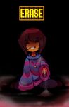  arm_support bad_id bad_tumblr_id black_background brown_hair chara_(undertale) closed_eyes dark_persona dust evil_grin evil_smile frisk_(undertale) grin hands head_tilt heart heart_necklace highres jewelry necklace outstretched_hand raikissu seiza shaded_face sitting smile solo spoilers striped striped_sweater sweater undertale 