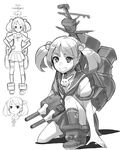  anchor_symbol badge bunny cannon carrying carrying_under_arm greyscale hair_bobbles hair_ornament hands_on_hips kantai_collection kneehighs kneeling looking_at_viewer machinery monochrome open_mouth pleated_skirt radio_antenna sazanami_(kantai_collection) school_uniform serafuku short_hair short_sleeves simple_background sketch skirt smile smokestack solo tonami_kanji twintails uniform white_background 