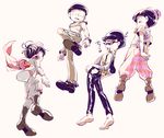  720_72 alternate_costume barefoot bellbottoms black_hair boots brothers fishnet_top fishnets from_below hat heart jacket knee_pads leather leather_pants looking_down male_focus matsuno_choromatsu matsuno_karamatsu matsuno_osomatsu matsuno_todomatsu mini_hat mini_top_hat multiple_boys osomatsu-kun osomatsu-san pants scarf siblings sunglasses suspenders top_hat triangle_mouth vest white_background zenryoku_batankyuu 