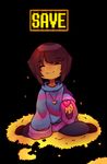  bad_id bad_tumblr_id black_background brown_hair closed_eyes crying dripping frisk_(undertale) heart heart_necklace highres jewelry necklace pendant raikissu shirt sitting smile solo striped striped_shirt striped_sweater sweater tears undertale wariza 