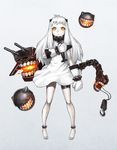  ahoge aircraft airplane dress enemy_aircraft_(kantai_collection) frown highres holding horns kantai_collection long_hair looking_at_viewer machinery makun_dx mittens northern_ocean_hime orange_eyes shinkaisei-kan simple_background solo turret white_dress white_hair white_skin 