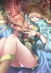  absurdres belt blonde_hair boots bracelet breasts cape claws cleavage dragon elf hair_between_eyes highres jewelry large_breasts legs_up long_hair looking_down lying ohland original panties parted_lips pointy_ears solo underwear 