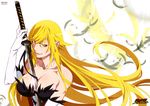  absurdres bare_shoulders between_breasts blonde_hair breasts feathers gloves highres katana kiss-shot_acerola-orion_heart-under-blade kizumonogatari kokorowatari long_hair monogatari_(series) official_art oshino_shinobu simple_background slit_pupils solo sword very_long_hair watanabe_akio weapon white_gloves yellow_eyes 