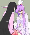  animal_ears black_hair blush breasts bunny_ears cleavage hand_under_clothes hand_under_skirt houraisan_kaguya large_breasts long_hair looking_at_another looking_away looking_down mizuga multiple_girls purple_hair red_eyes reisen_udongein_inaba sitting skirt touhou unbuttoned very_long_hair yuri 