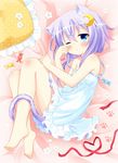  alternate_costume animal_ears bare_legs barefoot blush candy cat_ears cat_tail crescent crescent_hair_ornament dress fetal_position food frilled_pillow frills full_body hair_ornament kantai_collection looking_at_viewer lying on_side one_eye_closed parted_lips pillow plantar_flexion purple_eyes purple_hair rubbing_eyes short_hair short_hair_with_long_locks sleepy solo tail umi_suzume white_dress yayoi_(kantai_collection) 