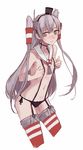  amatsukaze_(kantai_collection) black_panties blush bow bow_panties covering_nipples grey_eyes grey_hair hat hfp~kubiao highres kantai_collection long_hair looking_at_viewer navel panties red_legwear sailor_collar side-tie_panties simple_background solo suspenders thighhighs two_side_up underwear underwear_only white_background 