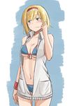  alice_margatroid bikini blonde_hair blue_bikini blue_eyes blush breasts cowboy_shot front-tie_top hairband highres jacket jacket_over_swimsuit large_breasts looking_away m92fs navel scratching_cheek short_hair sleeveless solo swimsuit touhou unzipped wavy_mouth 