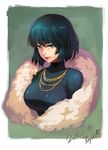  2015 breasts dated fubuki_(one-punch_man) fur_coat green_eyes green_hair highres jewelry large_breasts lipstick looking_at_viewer makeup necklace one-punch_man parted_lips puyon_(puyon) ribbed_sweater short_hair smile solo sweater upper_body 
