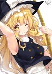  arm_up armpits bamboo_broom blonde_hair bow breasts broom grin hat hat_bow kirisame_marisa long_hair medium_breasts one_eye_closed shirt sleeveless sleeveless_shirt smile solo touhou white_bow witch_hat yappen yellow_eyes 