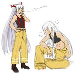 abs alternate_costume artist_name bare_shoulders belt casual cigarette commentary contemporary dl fujiwara_no_mokou full_body hand_in_pocket hime_cut long_hair multiple_views pants sitting sleeveless sports_bra standing suspenders toned touhou very_long_hair yellow_pants 