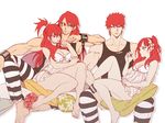  2girls bad_id bad_pixiv_id barefoot breasts cleavage cuffs eyelashes half_updo highres huge_breasts long_hair magi_the_labyrinth_of_magic masrur medium_breasts morgiana multiple_boys multiple_girls muscle muu_alexius myron_alexius noeunjung93 one_side_up red_hair short_hair sitting sitting_on_lap sitting_on_person tank_top 