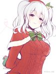  aran_sweater arms_behind_back bell blue_eyes blush bow bowtie breasts capelet christmas fur_trim gift hair_bell hair_ornament hat kantai_collection kashima_(kantai_collection) leaf long_hair medium_breasts shirogane_rio_(artist) silver_hair sketch smile solo sweater twintails twitter_username upper_body wavy_hair 