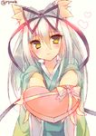  animal_ears blush fox_ears heart incoming_gift long_hair looking_at_viewer monaka_natsume original ribbon smile solo 