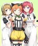  animal_ears bad_id bad_pixiv_id bare_shoulders brown_hair cat_ears fake_animal_ears frills grin hairband hand_on_another's_shoulder headdress highres holding_hands hoshizora_rin koizumi_hanayo looking_at_another looking_at_viewer love_live! love_live!_school_idol_project maid multiple_girls nishikino_maki one_eye_closed orange_hair purple_eyes red_hair short_hair shorts smile striped striped_legwear thighhighs utsuro026 vertical-striped_legwear vertical_stripes yellow_eyes 