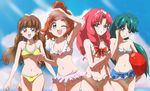  akagi_towa amanogawa_kirara ball beachball bikini blue_eyes blue_hair brown_hair frilled_bikini frills futa-futa go!_princess_precure hair_bun haruno_haruka highres kaidou_minami long_hair multiple_girls one_eye_closed orange_hair precure purple_eyes red_eyes red_hair swimsuit 