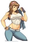  bad_deviantart_id bad_id breasts brown_hair cleavage clenched_hand covered_nipples dead_or_alive denim elizabeth_torque eyebrows grey_eyes hairband hand_on_hip highres hitomi_(doa) jacket jacket_on_shoulders jacket_removed jeans large_breasts long_hair midriff navel pants sidelocks solo taut_clothes toned 