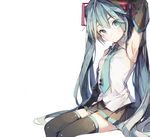  aqua_eyes aqua_hair arm_up armpits black_legwear detached_sleeves hatsune_miku long_hair looking_at_viewer necktie shirt shuzi sitting skirt solo thighhighs twintails very_long_hair vocaloid zettai_ryouiki 