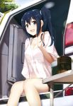  :d absurdres arm_support blue_eyes blue_hair breasts car cccpo cleavage ground_vehicle hair_twirling hairband highres imai_midori leaning_forward long_hair looking_at_viewer loose_clothes medium_breasts motor_vehicle open_mouth see-through shirobako side_ponytail sitting smile solo watermark 