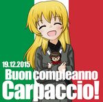  2girls anzio_military_uniform birthday blonde_hair blush brown_hair caesar_(girls_und_panzer) carpaccio character_doll closed_eyes dated doll_hug flag_background girls_und_panzer happy happy_birthday italian italian_flag long_hair military military_uniform multiple_girls nono-fighters short_hair smile uniform 