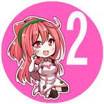  blush breasts chibi cleavage commentary_request gloves hacka_doll hacka_doll_2 kuromitu_(kageneko) large_breasts long_hair looking_at_viewer open_mouth pink_eyes pink_hair smile solo thighhighs v 