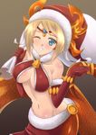  ;d absurdres bell blonde_hair blue_eyes blush breasts christmas circlet collarbone criss-cross_halter echidna_(p&amp;d) elbow_gloves fur_trim gloves halter_top halterneck hat highres horns lamia large_breasts midriff monster_girl navel one_eye_closed open_mouth pelvic_curtain puzzle_&amp;_dragons red_gloves sack santa_costume santa_hat sawwei005 smile solo 