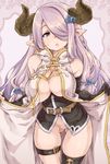  ass_visible_through_thighs asymmetrical_gloves bare_shoulders belt black_gloves blue_eyes breasts demon_horns draph elbow_gloves fingerless_gloves gloves granblue_fantasy hair_ornament hair_over_one_eye hairclip horns large_breasts lavender_hair leg_belt long_hair looking_at_viewer narmaya_(granblue_fantasy) no_panties open_mouth pointy_ears single_thighhigh solo thighhighs thomasz 