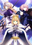  ahoge aqua_eyes armor artoria_pendragon_(all) bad_id bad_pixiv_id bare_shoulders blue_eyes braid chain cloud day excalibur fallstreak_hole fate/apocrypha fate/grand_order fate/stay_night fate_(series) fuyuki_(neigedhiver) gauntlets gorget highres jeanne_d'arc_(fate) jeanne_d'arc_(fate)_(all) long_hair looking_at_viewer mash_kyrielight multiple_girls purple_eyes saber short_hair single_braid sky smile standard_bearer very_long_hair weapon 