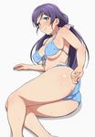  adjusting_clothes adjusting_swimsuit alternate_costume aqua_eyes ass bare_shoulders bikini blue_bikini breasts covered_nipples front-tie_bikini front-tie_top large_breasts light_smile long_hair looking_at_viewer love_live! love_live!_school_idol_project low_twintails lying nigou on_side purple_hair side-tie_bikini smile solo stomach swimsuit thighs toujou_nozomi trefoil twintails very_long_hair wet white_background 
